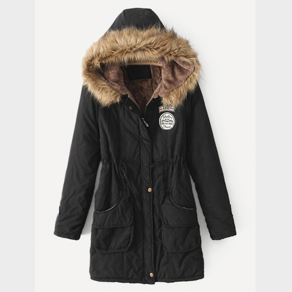 Hooded Faux Fur Drawstring Black Parka Jacket - Picture 3 of 12